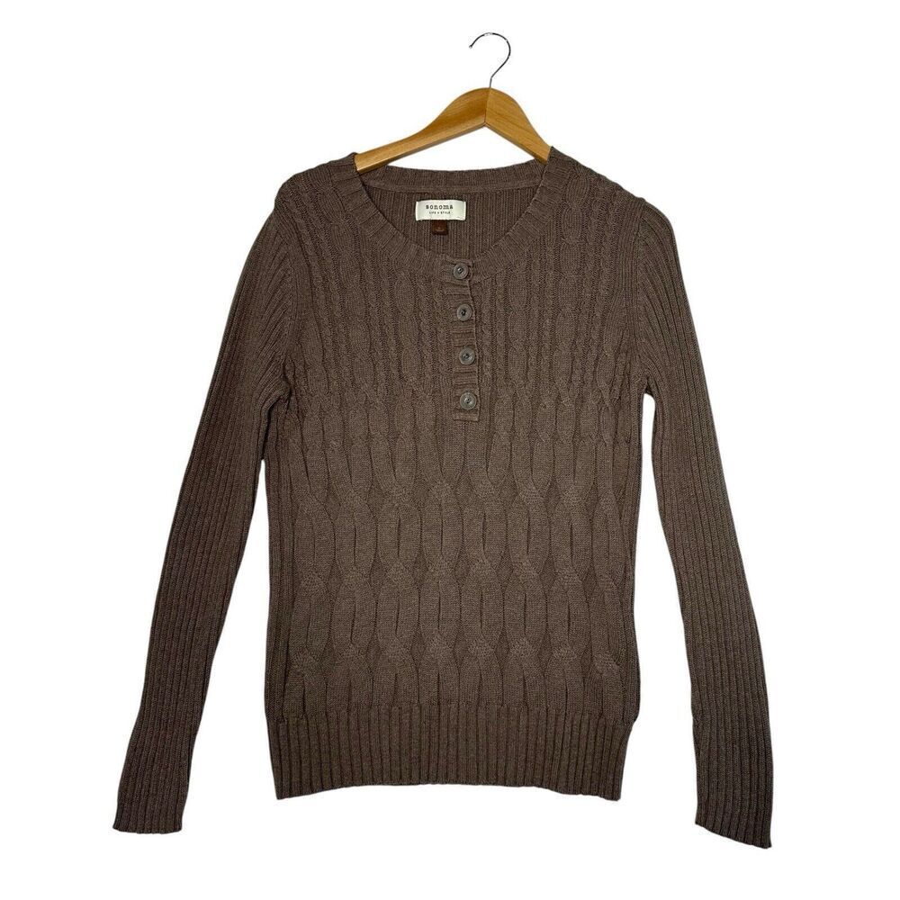 Sonoma Women's Henley Cable Knit Sweater Large‎ Preppy Normcore Cozy Academia